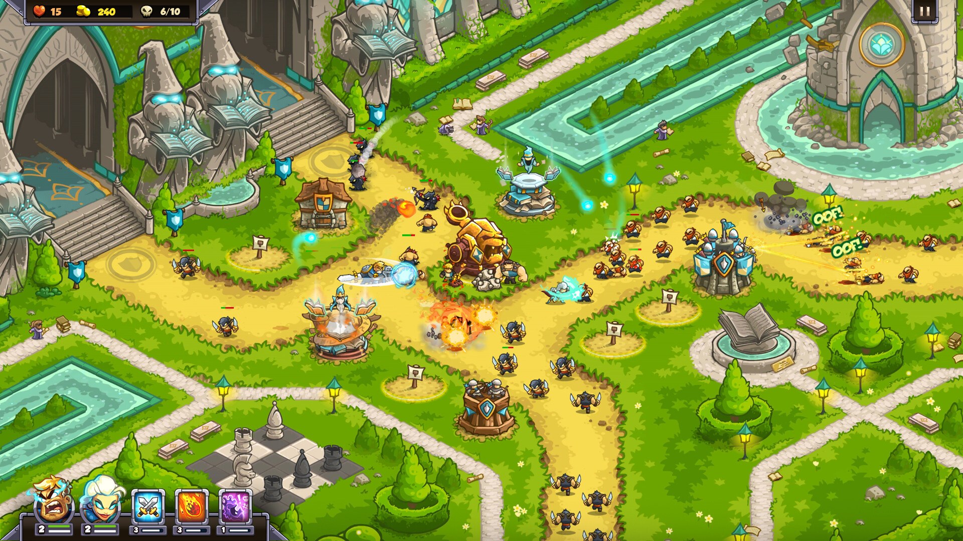 Arcane Academy battle HUD with lives gold waves and dual heroes