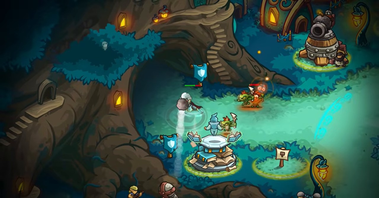 Forest stage with mage books barracks and artillery covering one winding path