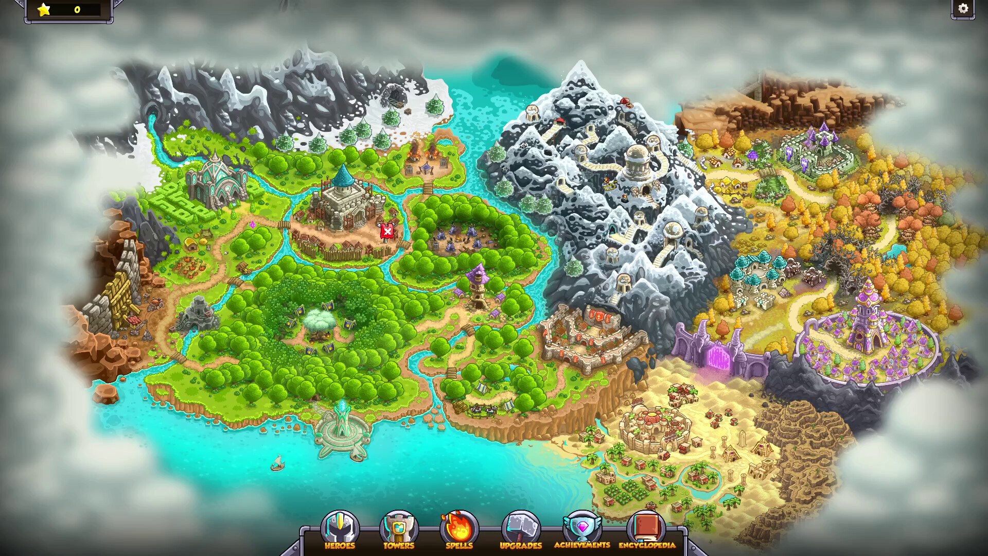 Genesis world map with star counter and Heroes Towers Spells Upgrades menu